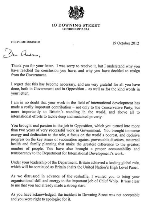 Resignation letter of Andrew Mitchell and Prime Minister's reply The Tory Diary