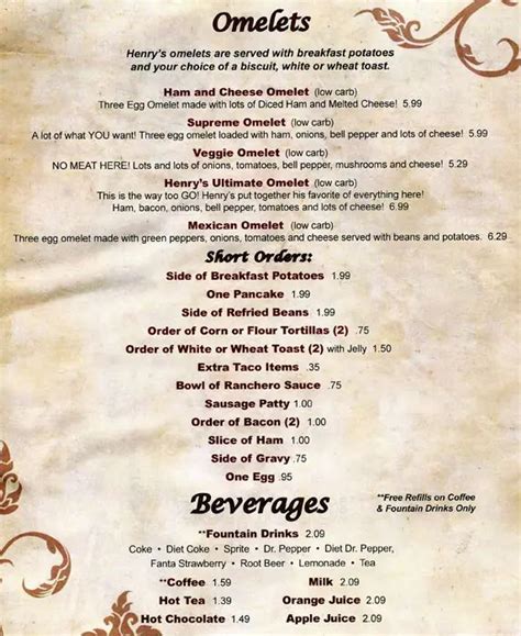 Menu at Henry's Restaurant, Lockhart