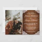 Rustic Wood & White Lace Wedding Photo Invitation | Zazzle