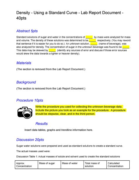 Lab Report Document - Density - Using a Standard Curve - Density - Using a Standard Curve - Lab ...