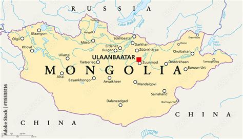 Mongolia political map with capital Ulaanbaatar, national borders ...