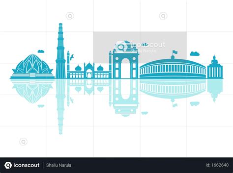 Best Delhi Skyline silhouette with reflections Illustration download in PNG & Vector format