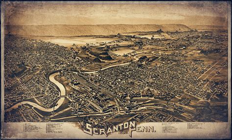 Scranton Pennsylvania Vintage Map Birds Eye View 1890 Sepia Photograph ...