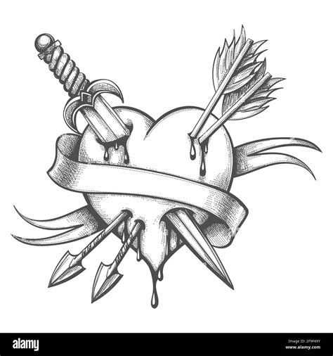 Tattoo of Heart Pierced by Knife and Arrows drawn in engraving style ...