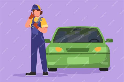 Premium Vector | Graphic flat design drawing female mechanic stands in front of car with call me ...