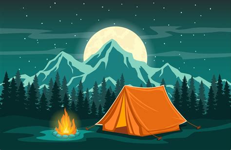 Family Adventure Camping Evening Scene Tent, Campfire, Pine Forest And ...