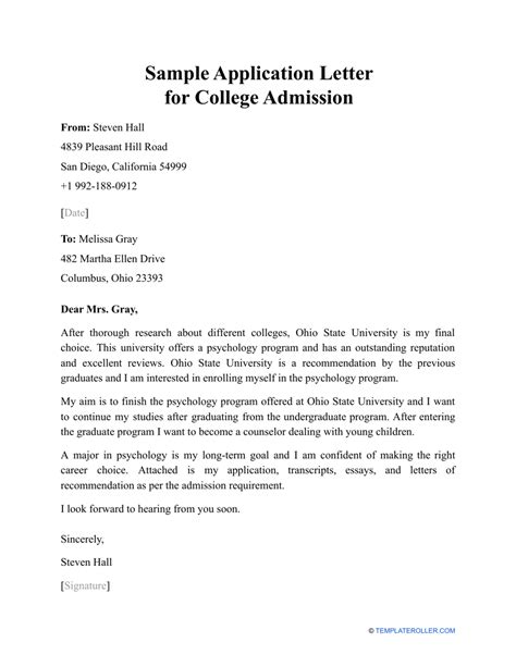 Sample Application Letter for College Admission Download Printable PDF ...