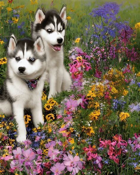 Siberian Husky Puppies Playing in a Field · Creative Fabrica