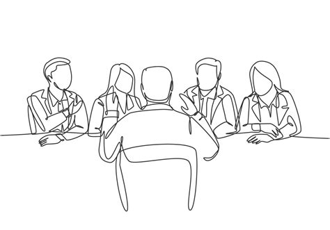 One single line drawing of young interviewee being interviewed by some company managers for job ...