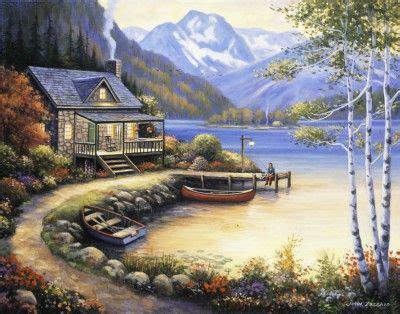 Cabin By The Lake Mural Wallpaper | Scenery paintings, Lake painting, Cottage art