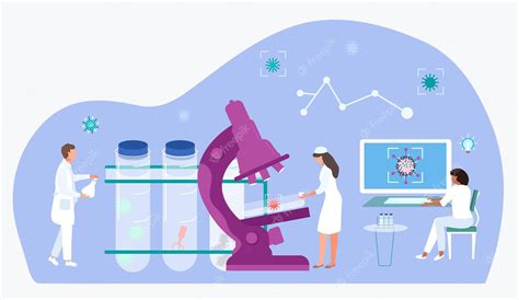 Biología investigador asociado médico pequeño personaje científico trabajador observar ...