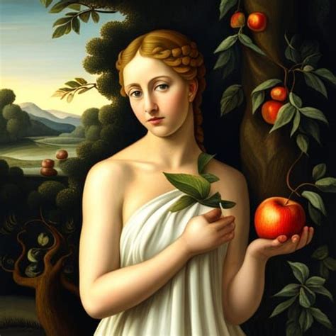 Eve holding an apple near the Tree of Life with the snake around it and nay apples. Renaissance ...