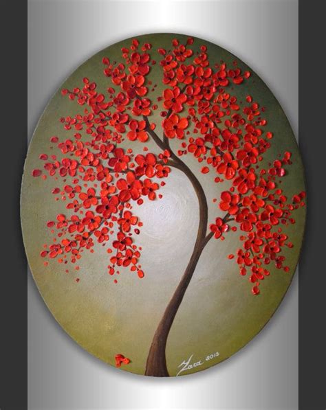 24x20 Oval Canvas ORIGINAL Abstract Landscape, Heavy Impasto Textured Art Red Blossom Tree ...