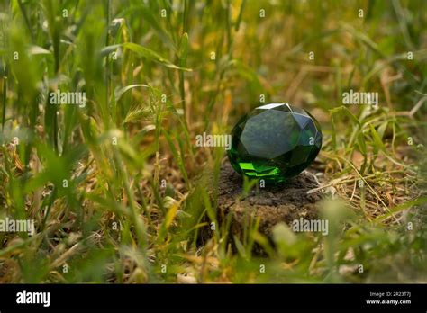 Glittering green magical crystal emerald in forest, diamond Stock Photo ...