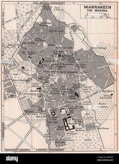 Marrakech - the Medina vintage town city tourist plan. Morocco 1966 old ...