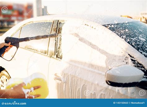 Female Person Scrubbing Vehicle with Foam Stock Image - Image of hand ...