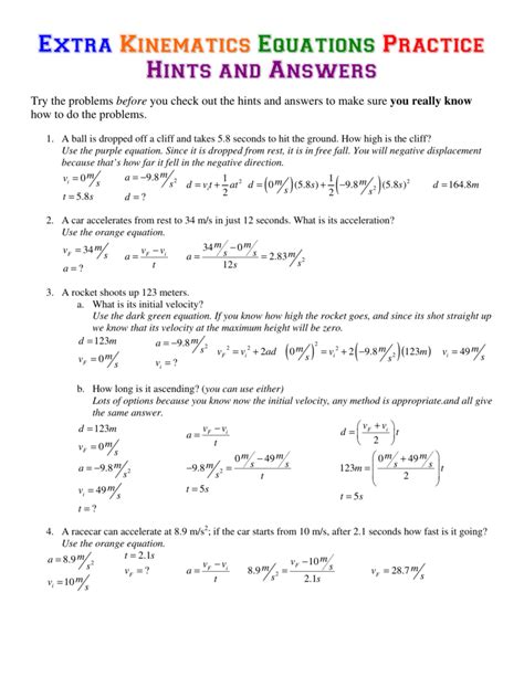 Extra Kinematics Equations Answers