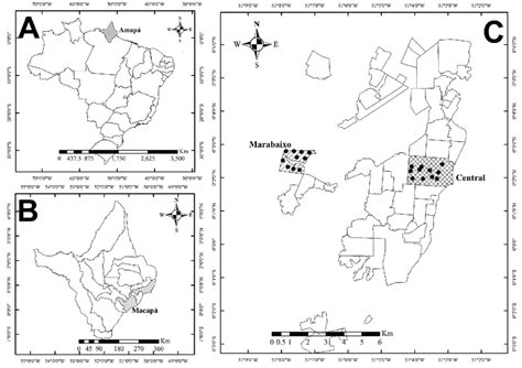 -A) Map of Brazil, highlighting the Amapa State in gray; B) Map of the ...