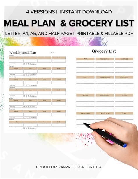 Weekly Meal Planner, Grocery List, Printable Template, 7-day Menu Plan ...