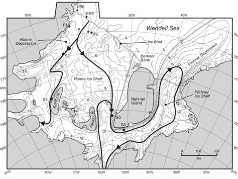 Map of Filchner-Ronne Ice Shelf. Contours show seabed depth in 100s of ...