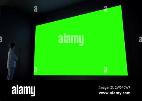 Woman looking at large blank green screen in dark room - chroma key concept Stock Video Footage ...