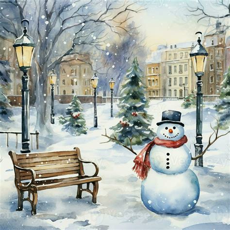 snowman in the street, winter scene watercolor illustration ai ...