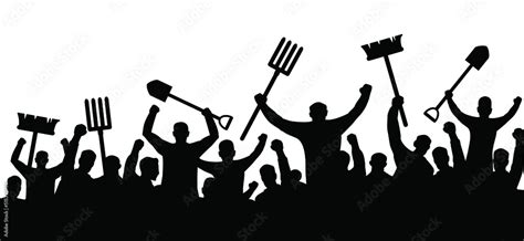 Angry farmers protest demonstration. A crowd of people protest with shovel, pitchfork and broom ...