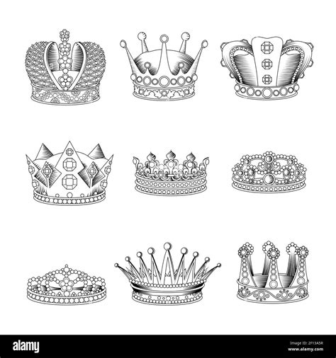 Black and white realistic isolated crown sketch icon set for men and ...