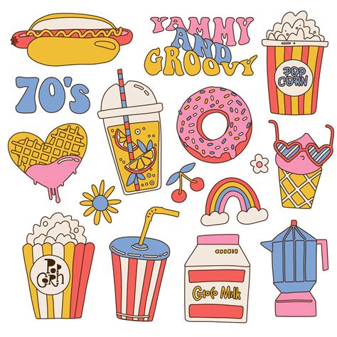 Groovy Hippie Retro junk food and drinks stickers set. Cute vintage ...