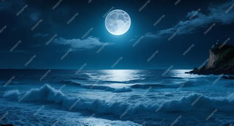 Night ocean landscape full moon and stars shine | Premium AI-generated image