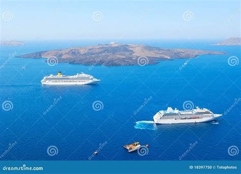 Cruise Ship Near Volcano Of Santorini Stock Photo - Image: 18397750