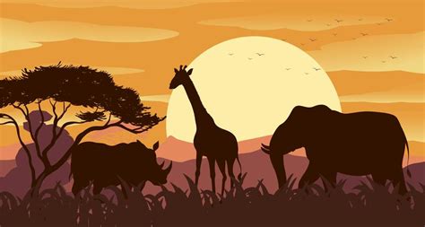 Silhouette scene with wild animals at sunset 363727 Vector Art at Vecteezy