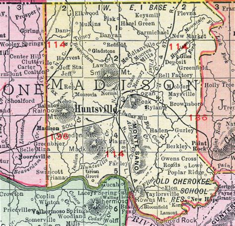 Madison County, Alabama, Map, 1911, Huntsville, Madison City, Hazel ...