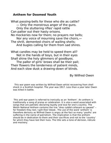 A* ANALYSIS OF ANTHEM FOR DOOMED YOUTH poem by Wilfred Owen GCSE | Teaching Resources