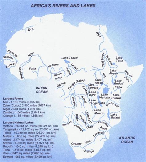 a map of africa with rivers and lakes labeled in white on blue ...