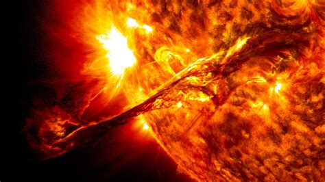 A giant prominence on the Sun erupting, captured by NASA's Solar Dynamics Observatory (SDO ...