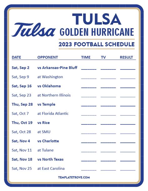 Printable 2023 Tulsa Golden Hurricane Football Schedule