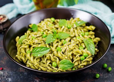 Fusilli Pasta with Pesto Sauce, Green Peas and Basil. Stock Photo - Image of peas, herb: 120104748