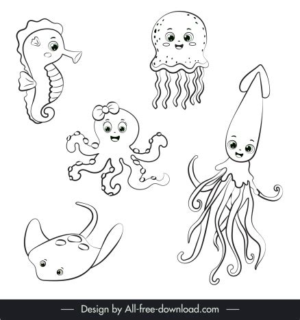 Ocean animals icons cute black white handdrawn cartoon outline vectors stock in format for free ...