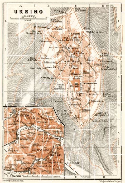 Old map of Urbino and vicinity in 1909. Buy vintage map replica poster print or download picture