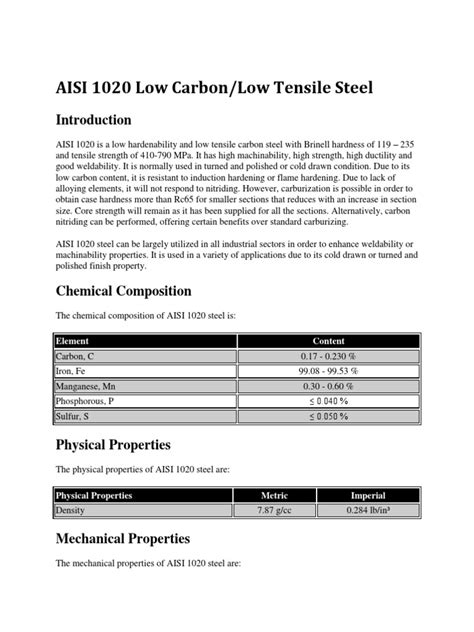 AISI 1020 Low Carbon/Low Tensile Steel: Element Content | PDF | Heat Treating | Steel