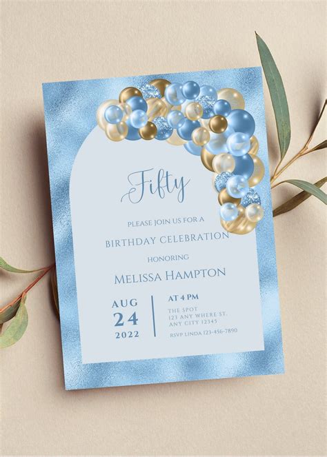 Editable Blue and Gold Birthday Invitation, Blue and Gold Balloon Arch ...