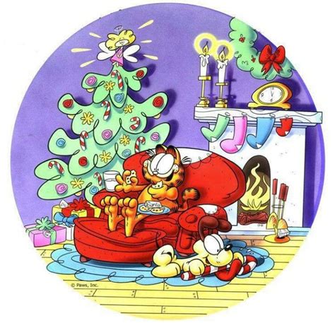 the garfield christmas tree has been decorated with cartoon characters and is surrounded by ...