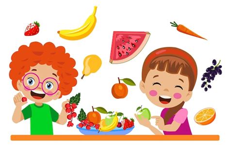 Niños lindos comiendo frutas variadas | Vector Premium