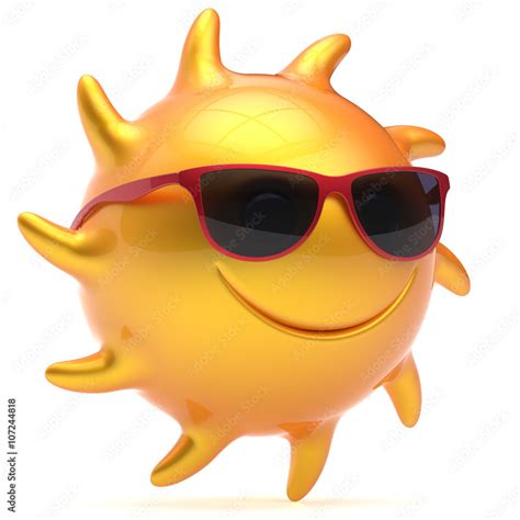 Sun smiley face ball sunglasses cheerful summer star smile cartoon emoticon happy fiery yellow ...