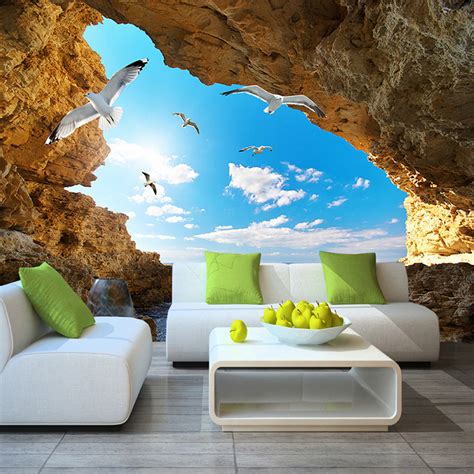 Custom Murals Wallpaper 3D Sky Clouds Seagulls Cave | BVM Home