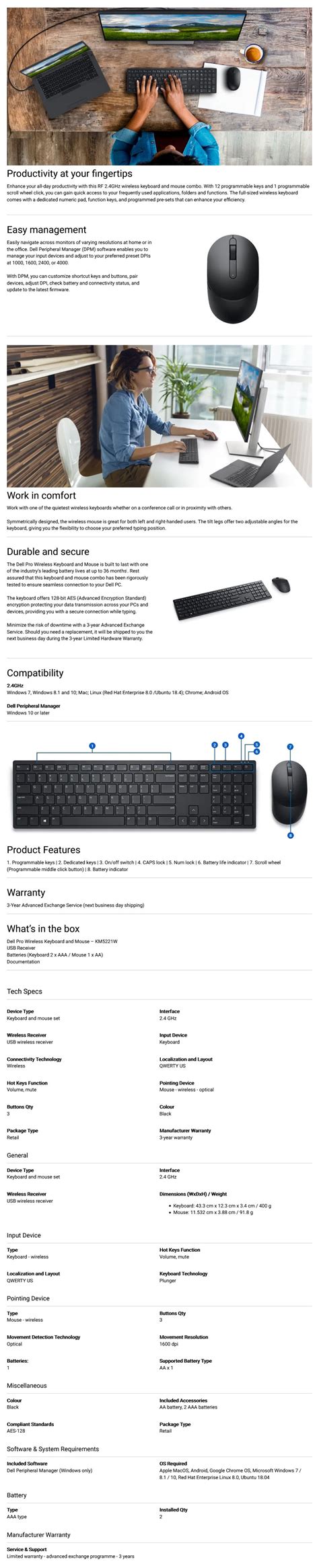 Dell KM5221W Wireless Keyboard & Mouse Combo - 580-AJNR | Mwave