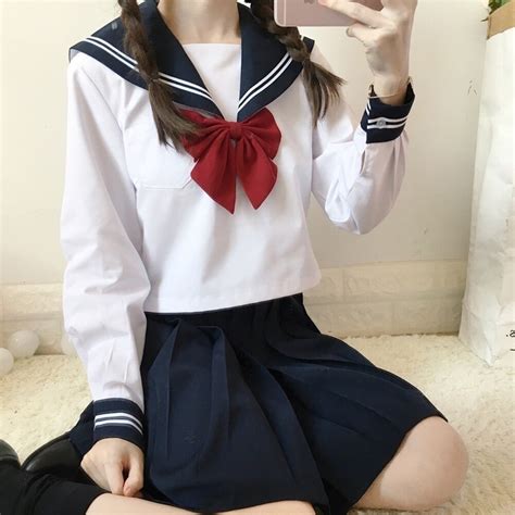 SAWU JK Uniform Japaneses Kansai-style Sailor Uniform School Uniform Set Long Sleeve Pleated ...