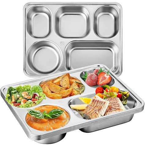 Buy 5 Pack Stainless Steel Rectangular Divided Dinner Tray Metal Dinner Plates Divided Plates ...