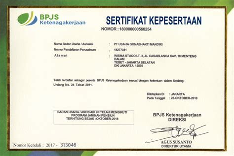 Sertifikat Kepesertaan BPJS Ketenagakerjaan | PT. Usaha Gunabhakti Mandiri